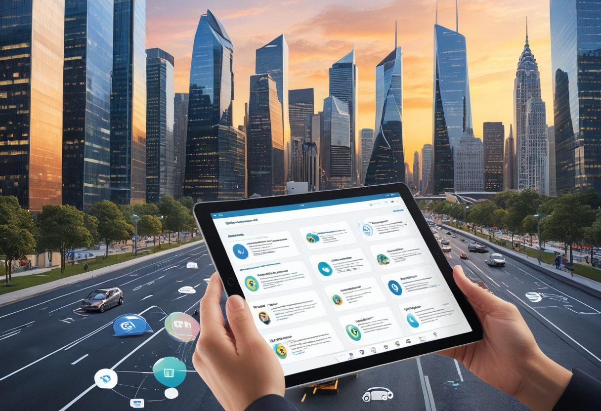 A digital landscape depicting a diverse group of people engaging with various online insurance platforms on their devices, with floating icons representing quotes and claims. In the background, a modern city skyline symbolizes progress and innovation, while a pathway leads through the scene to represent navigation. The color palette is bright and inviting, suggesting a user-friendly experience. super-realistic. vibrant colors. modern design.