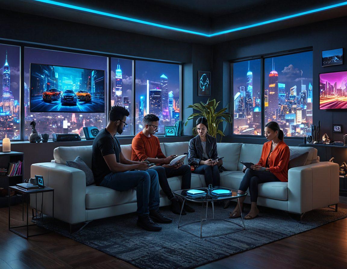 A modern family using various digital devices like tablets and smartphones to review insurance options. In the background, depict a blend of health, auto, and life insurance symbols, such as healthcare icons, cars, and family safety, integrated into a futuristic cityscape. The scene should convey empowerment and accessibility in making informed insurance choices. cyberpunk. vibrant colors. 3D.