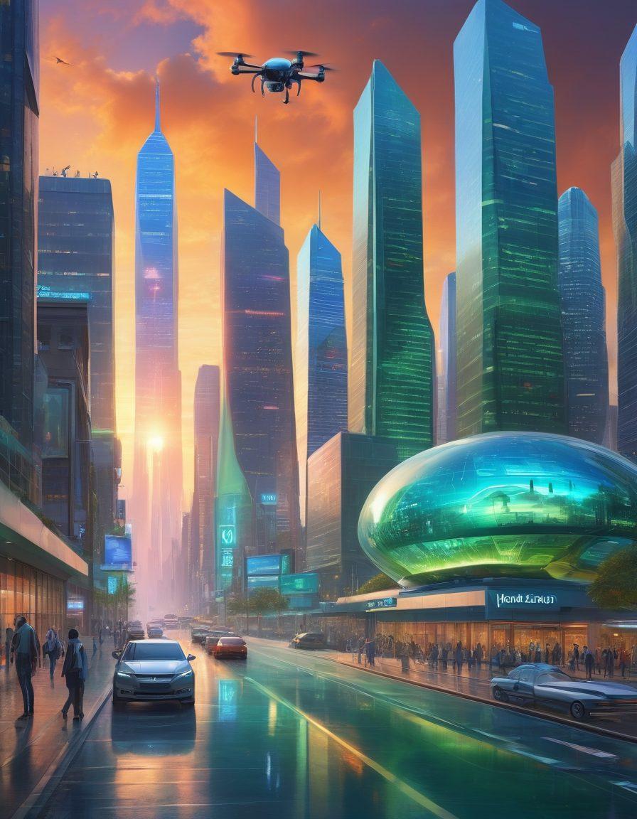 A futuristic cityscape featuring digital displays of insurance policies transforming into holographic interfaces, with diverse people interacting with virtual agents. Incorporate elements of technology such as drones and AI icons, symbolizing innovation in the insurance industry. Use a color palette that conveys trust and modernity with blues and greens, while including a sunrise in the background to symbolize a new dawn in insurance. super-realistic. vibrant colors. dynamic composition.